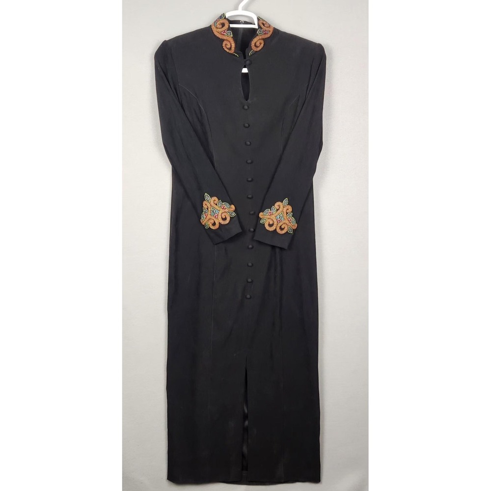 Vintage Howard Wolf Dress Womens 10 Black Beaded Collar Cuffs Maxi‎ Made USA 90s